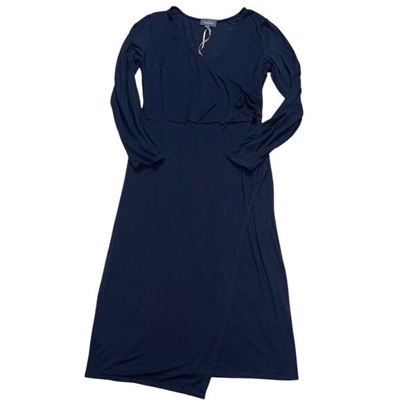 Modcloth Faux Wrap Dress Size L Navy Blue Long Sleeve Knee Length Stretch Office - Picture 1 of 11